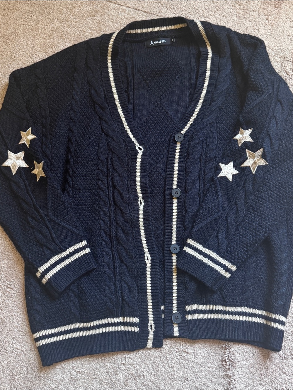 Cable Knit Star Appliqué Cardigan - Black  & Cream
